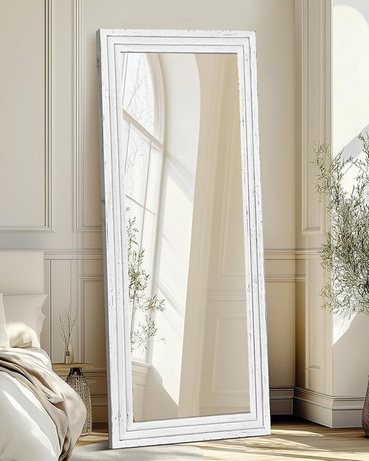 Full Length Mirror 65"x24" Solid Wood Frame Floor Large Mirror for Living Room, Bedroom Hanging or Leaning Wall-Mounted, White