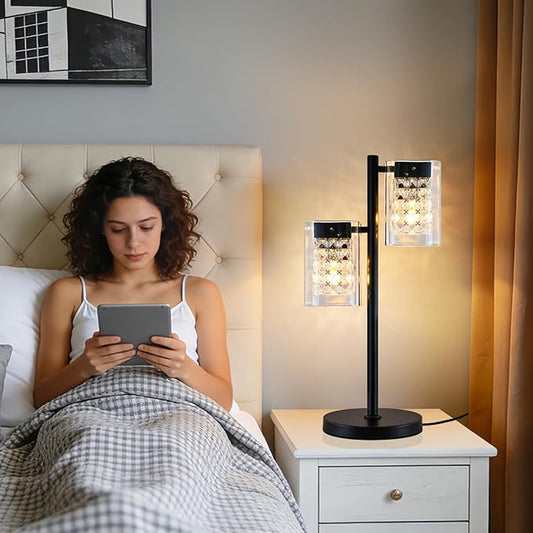 MantoLite Table Lamps with Clear Crystal Glass, Modern 2-Light Desk Lamps with Black Metal Base, Plug-in Bedside Lamp for Nightstands Bedroom, Office, Living Rooms