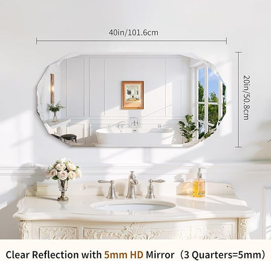 GLASHOM Frameless Bathroom Mirror, 20" x 40" Beveled Oval Wall Mirror for Over Sink, 20 Inch Modern Decorative Vanity Mirror for Bedroom, Living Room, Entryway, Hanging Mirror Horizontal or Vertical
