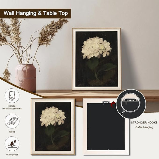 Framed Flower Wall Art, Vintage White Hydrangea Still Life Floral Art Prints, Moody Vintage Canvas Oil Painting, Antique Botanical Floral Wall Decor Pictures for Bedroom, Kitchen, Shelf, Bathroom Wall Decor - 16x24Inch