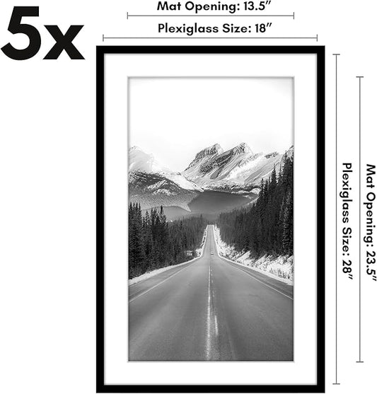 Americanflat 18x28 Picture Frame with Polished Plexiglass - Set of 5 - Use as 14x24 Frame with Mat or Display 18x28 Photo Without Mat - Galleria Collection - Picture Frames for Wall Display - Black