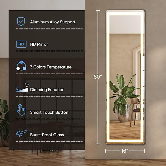 16"×60" LED Full Length Mirror with Stand, Full Body Wall-Mount Mirror with LED Lights 3 Color Lighting, Hanging or Leaning, Floor Standing, Modern Simple Home Wall Decor
