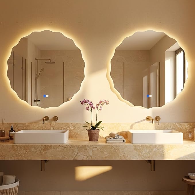 Dorlicecass Round Led Bathroom Mirror- 24" Wavy Vanity Mirror with Lights IP54 Enhanced Anti-Fog,Single Piece 3 Colors Dimmable, Memory,Tempered Glass,UL Listed