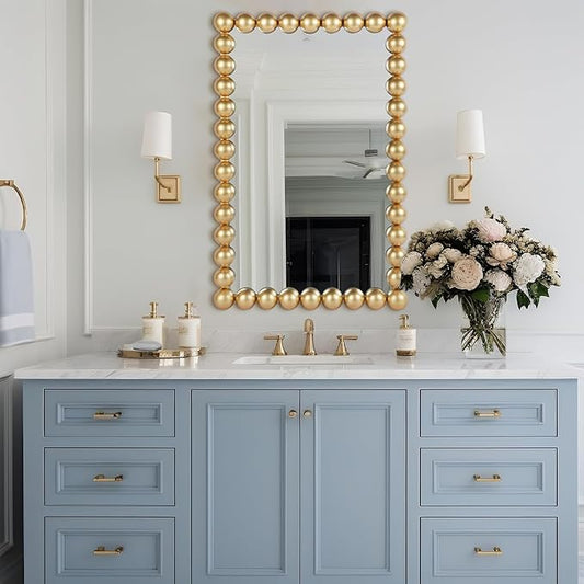 Decorative Beaded Wall Mirror β Modern Rectangular Accent Mirror, 20β³x30β³, for Living Room, Bedroom, Bathroom, Entryway & Office β Available in Gold, Black, & White (Gold)