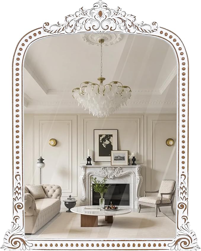 HOITUZYUS Ornate Baroque Statement Mirror: 42x34 Inch Wooden Arched Wall Mirror, French Vintage Decorative Mirrors for Entryway, Fireplace Mantel, Living Room, Bathroom