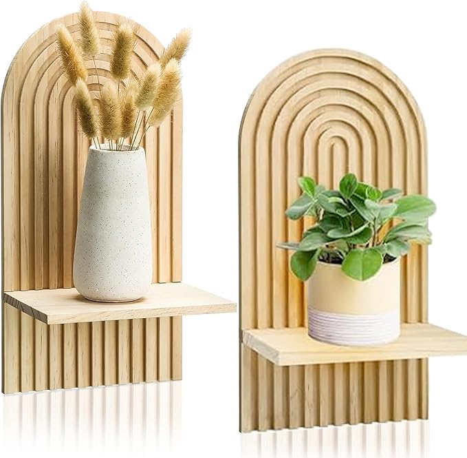 LIYAOLI Boho Wall Shelf Set of 2-15 x 8.6 Inch Arched Wooden Hanging Shelves for Living Room & Bedroom - Mid-Century Modern Bohemian Wall Decor (Natural Wood Finish)