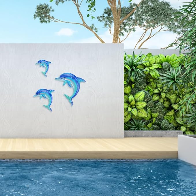 Dolphin Wall Decor Metal Fish Wall Decor Sea Coastal Outdoor Wall Art Metal Beach Ocean Decor For Bathroom Indoor Garden Yard Pool Outdoor Patio Kitchen (3 Pcs)