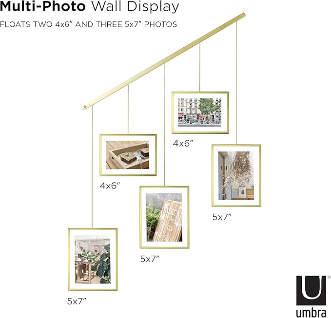 Umbra Exhibit Picture Frame Gallery Set, Adjustable Wall Collage Displays Five Photos (Two 4x6" and Three 5x7"), Set of 5, Gold