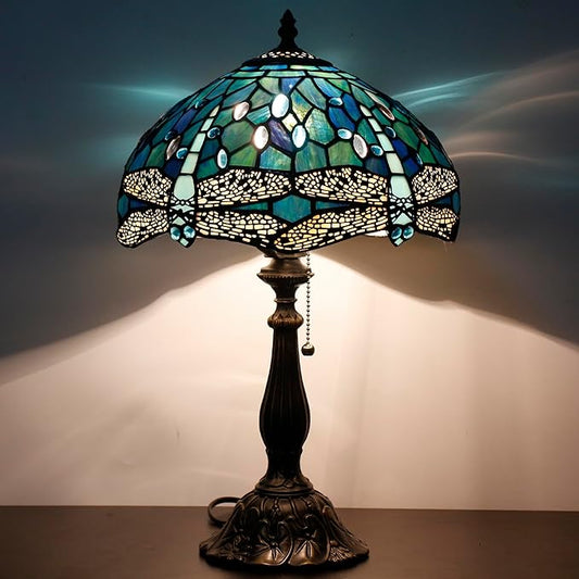 Tiffany Table Lamp Stained Glass Lamp 12X12X19 Inch Antique Reading Light (Blue Dragonfly)