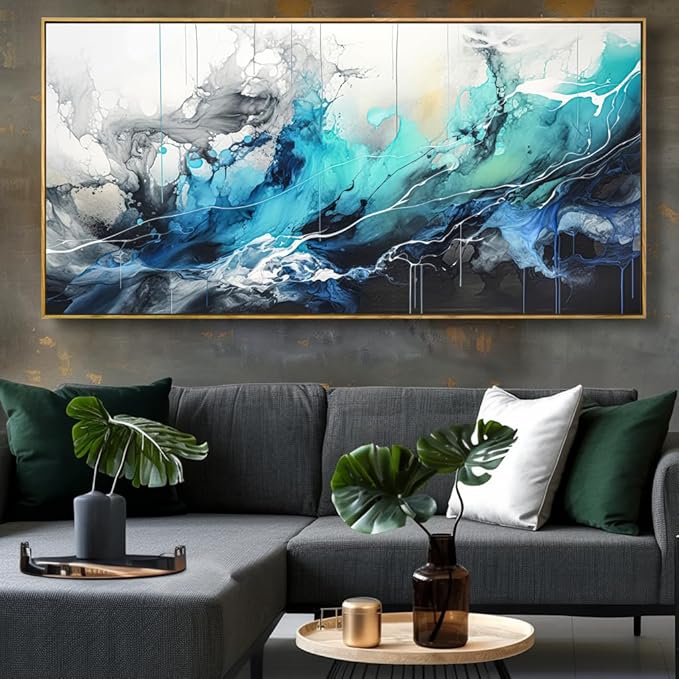 Wall Art Abstract Canvas Painting Teal Blue Modern Artwork for Living Room Bedroom Dining Room Home Office Decor 30"x60" with Framed