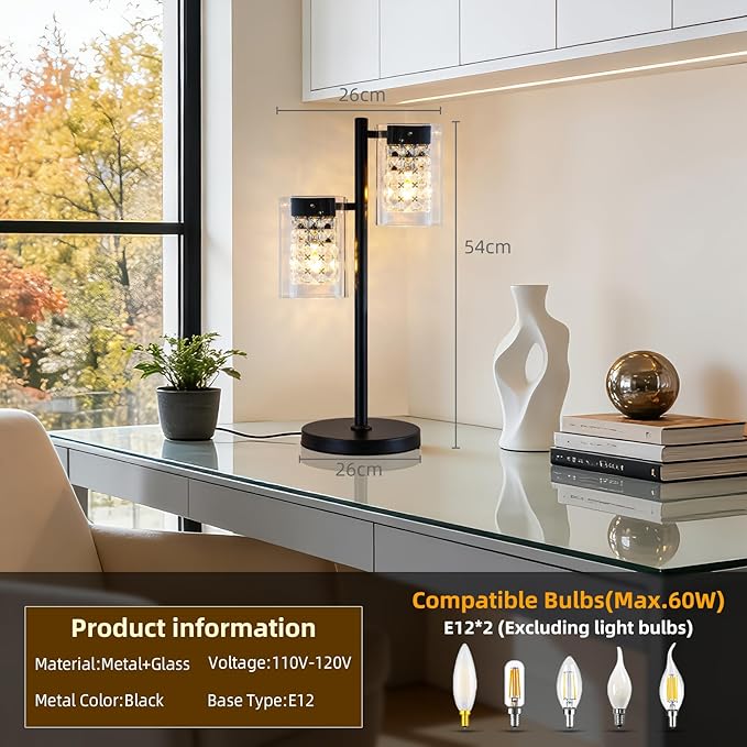 MantoLite Table Lamps with Clear Crystal Glass, Modern 2-Light Desk Lamps with Black Metal Base, Plug-in Bedside Lamp for Nightstands Bedroom, Office, Living Rooms