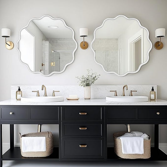 PROHOMEWARE White Round Mirror 28 Inch Wavy Bathroom Vanity Mirror White Frame Modern Wall Mirror Decorative Wall-Mounte Anti-Rust, Tempered Glass