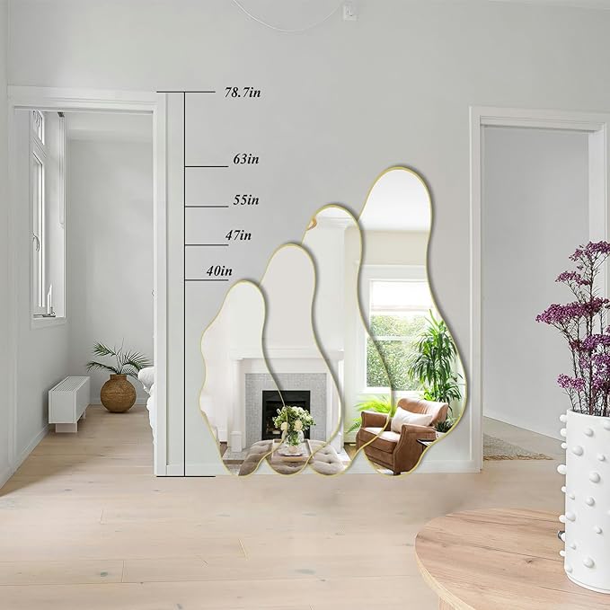 Irregular Mirror, 40"x18" Asymmetrical Wall Mirror with Gold Metal Frame, Odd Shaped Mirror, Modern Abstract Mirrors for Living Room Bedroom Hallway Entryway, Horizontal or Vertical Hanging
