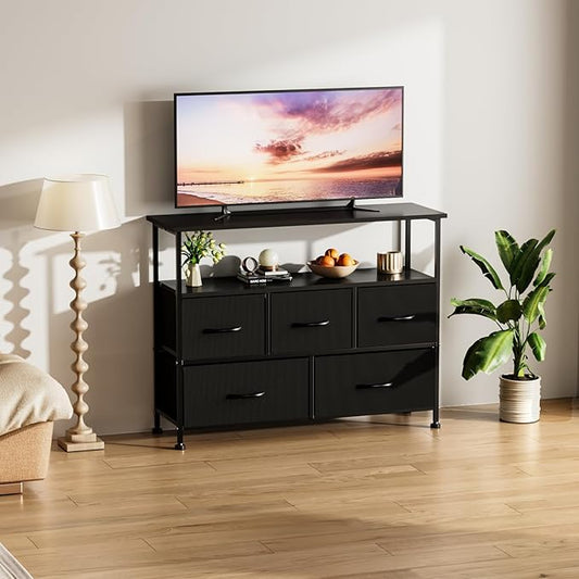 Simple Deluxe TV Stand Dresser for Bedroom Entertainment Center with 5 Fabric Drawers, Storage Organizers Units for Living Room, Media Console Table with Open Shelf up for 45" TV, Black, Wood top