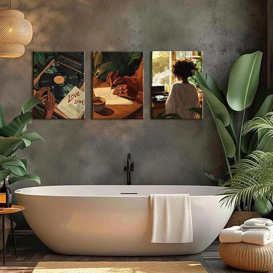 Black Woman Wall Art Set of 3 Fashion Black Girl Wall Decor, Trendy African American Women Music Poster Song Lover Canvas Prints Artwork for Bedroom Living Room 12x16 inch Framed
