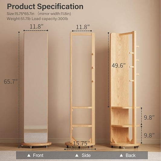 WoodsWhisper Full Length Mirror Coat Rack Solid Wood Floor Mirror 66"x12" Full Length Mirror with Stand Long Mirrors for Bedroom,Living Room (Natural-Mobile, 66" Lx12 W)