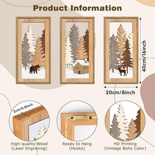 KAIRNE Winter Wooden Wall Art Set, 3pcs 8X16 Vintage Wood Wall Decor,Rustic Farmhouse Framed Wall Sculptures,Pine Deer Bear Wooden Hanging Decor for Living Room Bedroom Kitchen Office Decoration