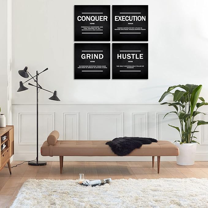 KAWAHONE Grind Hustle Execution Quotes Framed Wall Art,Success Canvas Print Office Decor Inspiring Framed Prints Inspirational Quotes for Wall Art Decoration Ready to Hang(4pcs)