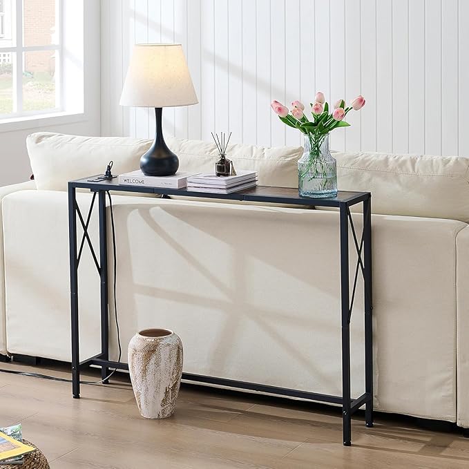 Gewudraw 41.8" Console Table, Narrow Behind The Couch Table with Outlet, Industrial Skinny Stand for Hallway, Entryway, Living Room, Bedroom, 6.5 Feet Power Cord,Rustic Brown