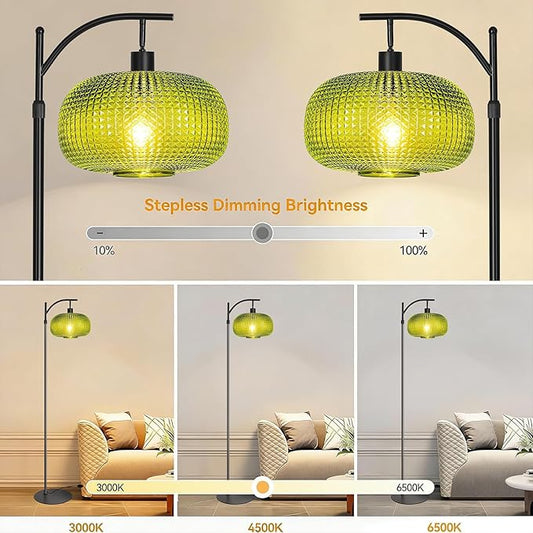 Floor Lamp for Living Room with Green Glass Shade, Modern Standing Lamp with Remote Control, Black Dimmable Tall Lamp for Bedroom Office with 12W LED Bulb