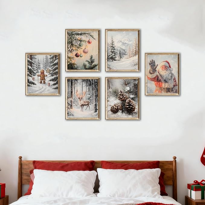 WINDVALE Christmas Wall Art Prints –Vintage Holiday Posters with Santa Claus, Reindeer, Rustic Winter Scene Wall Decor for Living Room, Bedroom, Fireplace & Entryway (8x10 Unframed)