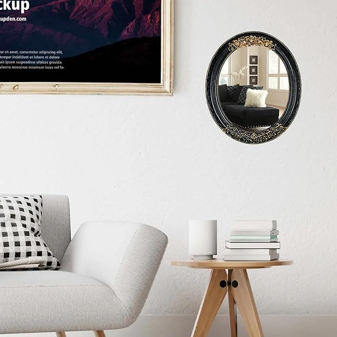 Oval Resin Vintage Mirror, Wall Mounted Decorative Mirror for Entryway, Hallway, Bedroom Oval Mirror 11.8x10 inch (Black)