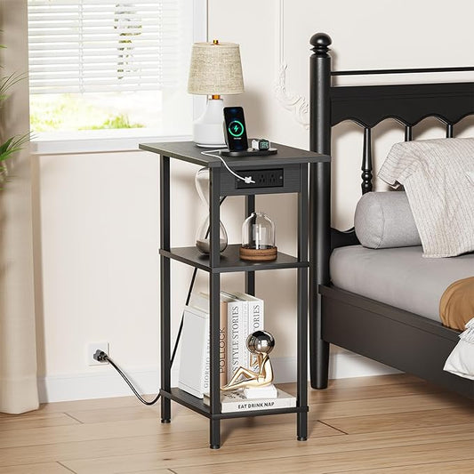Asgolion Tall End Table with Charging Station, Skinny Nightstand with USB Ports and Outlets, 3 Tier Narrow Side Table with Storage for Bedroom, Living Room, Office, Black