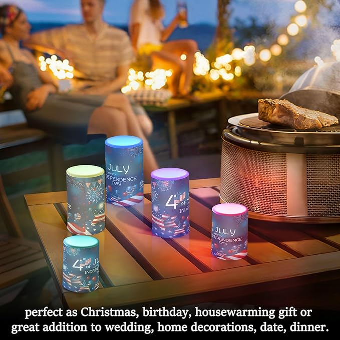 ALAZA American Flag 4th July Happy Independence Day Flickering Flameless Candles Battery Operated Remote Timer,Tea Light Candles LED Pillar Votive Candles Set of 2 for Indoor Decorations