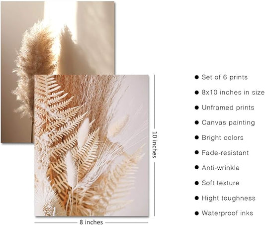 HoozGee Nature Wall Art Prints Set of 6 Canvas Art Wall Decor Botanical Print Pictures Reed Dried Flower Plant Poster Print Home Decorations for Living Room Wall Decor (8"x10" UNFRAMED)