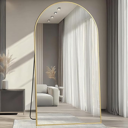 Dewfig Arched Full Length Mirror, 78"x38" Large Floor Mirror with Stand, Oversized Full Body Mirrors for Standing/Leaning/Hanging, Wall Mounted Mirrors for Bedroom, Living Room,Dressing Room, Gold