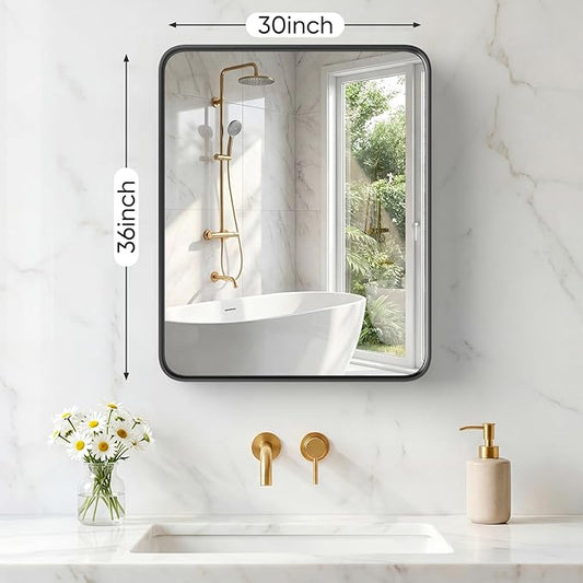 NEWBULIG 30X36 Inch Bathroom Mirror for Over Sink, Wall Vanity Mirrors Tempered Glass, Anti-Rust Metal Framed Rounded Rectangle, Hangs Horizontally or Vertically, Farmhouse Home Decor, Black