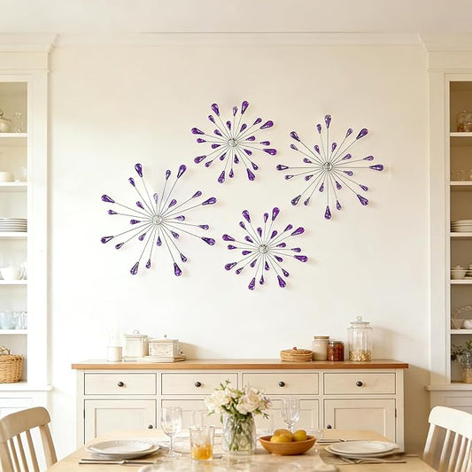 ZEXUIRU 4 Pcs Purple Starburst Wall Decor Metal Bling Wall Art Crystal Accents 3D Modern Decoration Glam Hanging Sculptures for Living Room Bedroom Office Teen Girl Room – Easy to Hang Home Decor Set