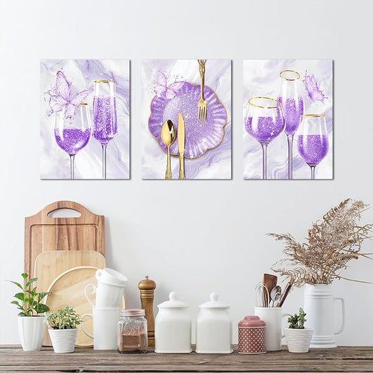 sechars 3 Pieces Set Kitchen Wall Decor Purple Wine Glass Wall Art Gold Utensils Canvas Prints Modern Dining Room Pictures (Purple)