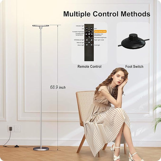 Dimmable Floor Lamp with Remote,Floor Lamps for Living Room Bedroom Office,Adjustable Brightness (10%-100%)and Color Temperature (3000k- 6000k ),Standing Lamp Tall Lamp with Foot Switch (nickel)