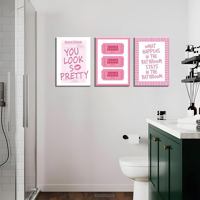 JBZDD 3Pcs Framed Preppy Pink Bathroom Wall Art Set, Funny Guest Check & Shower Karaoke Stamp Canvas Posters, Trendy Indie Pop Room Decor for Women Powder Room Restroom 12x16in