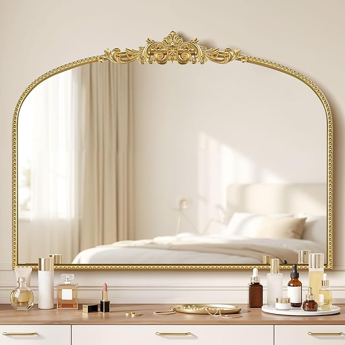 Gold Vintage Mirror 32x24 Inch, Laurel Leaf Ornate Beaded Frame Decorative Vanity Mirror, Antique Style Horizontal Bathroom Mirror for Living Room, Entryway,Dresser, Mantle