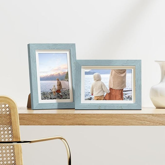 Vittanly 5x7 Picture Frames Set of 9, Display 4x6 Pictures with Mat or 5x7 without Mat, Photo Frames for Wall or Tabletop with Plexiglass, Engineered Wood, Rustic Blue