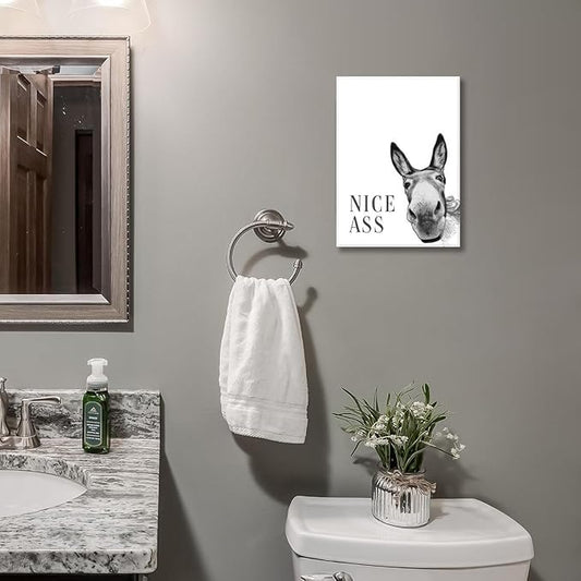 Black And White Donkey Canvas Wall Art, Nice Ass Bathroom Wall Art, Funny Animal Paintings Artwork, Bathroom Black And White Donkey Paintings,Toilet Black & White Wall Decor, Art Prints For Bathroom Toilet 12x16 Inches. Framed