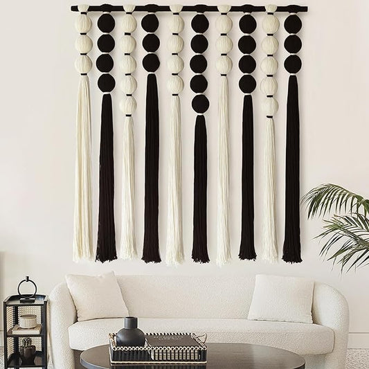IOWER Large Macrame Wall Hanging Macrame Wall Decor Black and White Sphericity Cotton Textile Wall Hanging Boho Wall Decor Art Fiber Yarn Art Handmade 39" Wx39 L