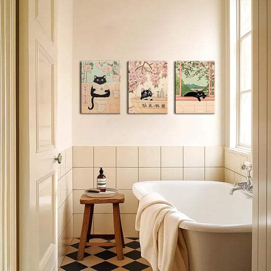 Japanese Bathroom Wall Art Set of 3, Cute Black Cat Bathtub Wall Decor, Funny Animal Reading Newspaper Canvas Prints for Bathroom Bedroom Laundry Room 12x16 inch Framed