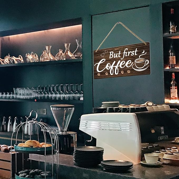 But First Coffee Sign - Wooden Coffee Bar Art, 6 x 12 Inch