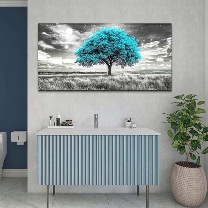 KELIYUAN Blue Tree Wall Artist Decorated Painting Full Of Stars Black And White Oil Painting Modern Print Canvas Aesthetics Living Room Decoration Bedroom Bathroom Office Wall Decoration 24 X 48 In