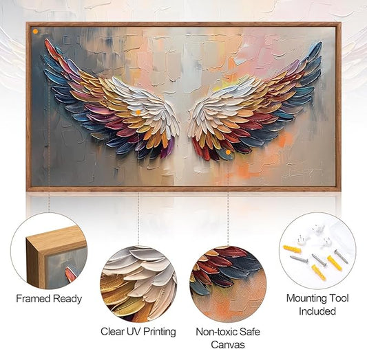 Aurlan Angel Wings Framed Wall Decor(40"x20"), Large Abstract Colorful Feather Oil Painting Canvas Artwork, Modern Contemporary Inspirational Wall Art for Living Room Bedroom