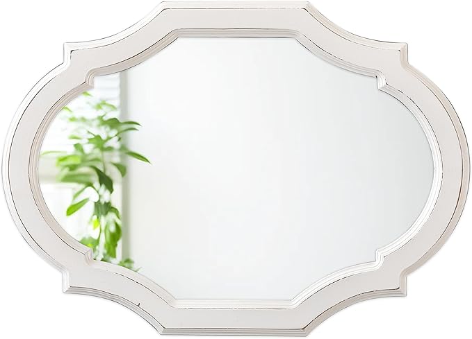 Vintage Oval Mirrors for Wall Decor Living Room 24 X 18 Inch, Hanging Decorative Scalloped White Mirrors, Distressed Wood Frame Unique Mirror for Entryway Bathroom, Horizontally or Vertically