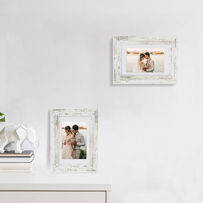 iRahmen 4x6 Picture Frame Set of 2 with HD Glass, Distressed White Wood Photo Frames Display 3.5x5 Picture with Mat or 4 x 6 Without Mat for Horizontal or Vertical Tabletop and Wall Mounting