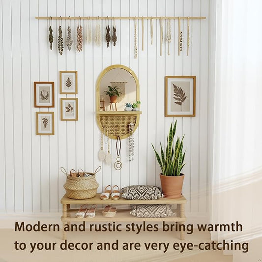 Wood Wall Mirror with Hooks, 22x14 Inch Boho Wall Mirror with Removable Shelf, Oval Solid Wood Framed, Handmade Rattan Mirror Decor Accent for Entryway, Bathroom, Nursery, Bedroom, Living Room
