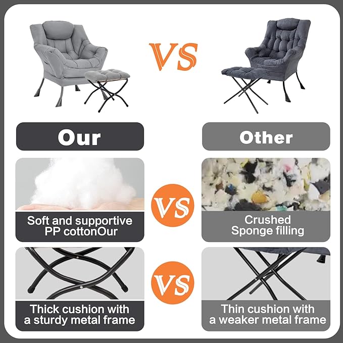 Lazy Chair with Ottoman, Large Light Grey Accent Chair with Ottoman, Comfy Reading Armchair, Leisure Sofa Chair for Living Room, Bedroom, Dorm Room, Office