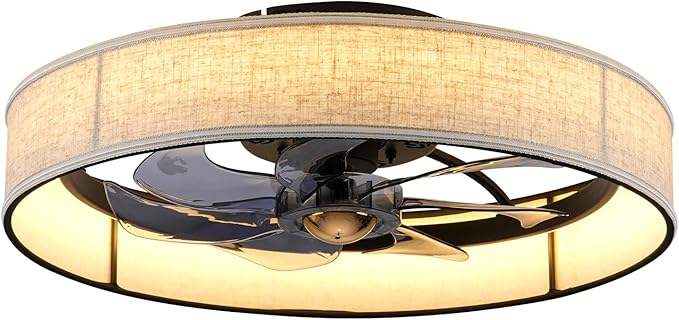 19.6" Low Profile Caged Ceiling Fan with Light and Remote,Flush Mount Smart Fandelier, 6 Speed Settings, Adjustable 3000K-6500K LED, Bladeless Fabric Design, Modern Farmhouse Ceiling Fans for Bedroom
