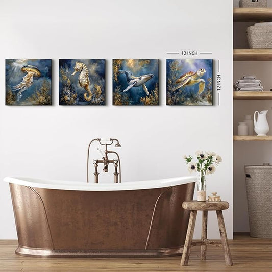 Ocean Animals Wall Art Sea Turtle Whale Seahorse Jellyfish Pictures Beach Coastal Room Decor Nautical Paintings Canvas Prints for Bathroom Under Sea World Posters Artwork Decoration 12x12” 4Pcs