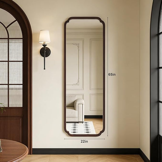 HOMECOOKIN Full Length Mirror Wall Mounted, Rustic Wooden Frame Floor Mirror, Rounded Corner Large Full Body Mirror for Bedroom,Dressing Room, Leaning or Hanging Against Wall (Walnut, 22" L x 65" W)